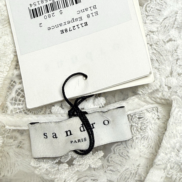 SANDRO Esperance Blouse Top Sz M NEW $280 White Sheer w Lace Puffed Short Sleeve - Picture 9 of 10